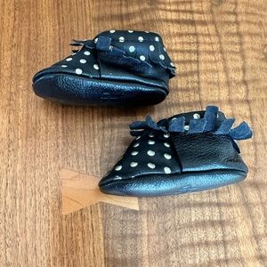Freshly Picked Fringe Leather Moccasins Black Gold Polka Dots.